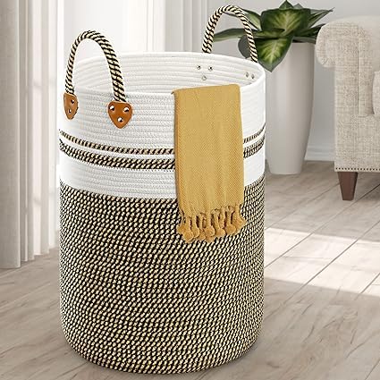 Kashyapa Rugs Collection-Laundry Hamper Woven Rope Large Clothes Hamper 14.5 inch'' Height Tall Laundry Basket with Extended Handles for Storage Clothes Toys in Bedroom, Bathroom, Foldable (white & beige mix)