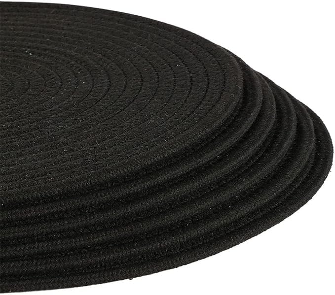 Kashyapa Rugs Collection-Washable Poly Cotton Dining Table Placemats Set of 6 pc with Tea Coaster (Black)