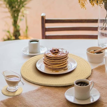 Washable Poly Cotton Dining Table Placemats Set of 4 pc with Tea Coaster (Beige)