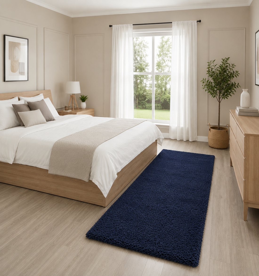 KashyapaRugs navy blue plain 2-inch pile premium shaggy bedside runner – soft plush microfiber surface, solid navy blue tone for modern bedrooms, anti-skid rubber backing