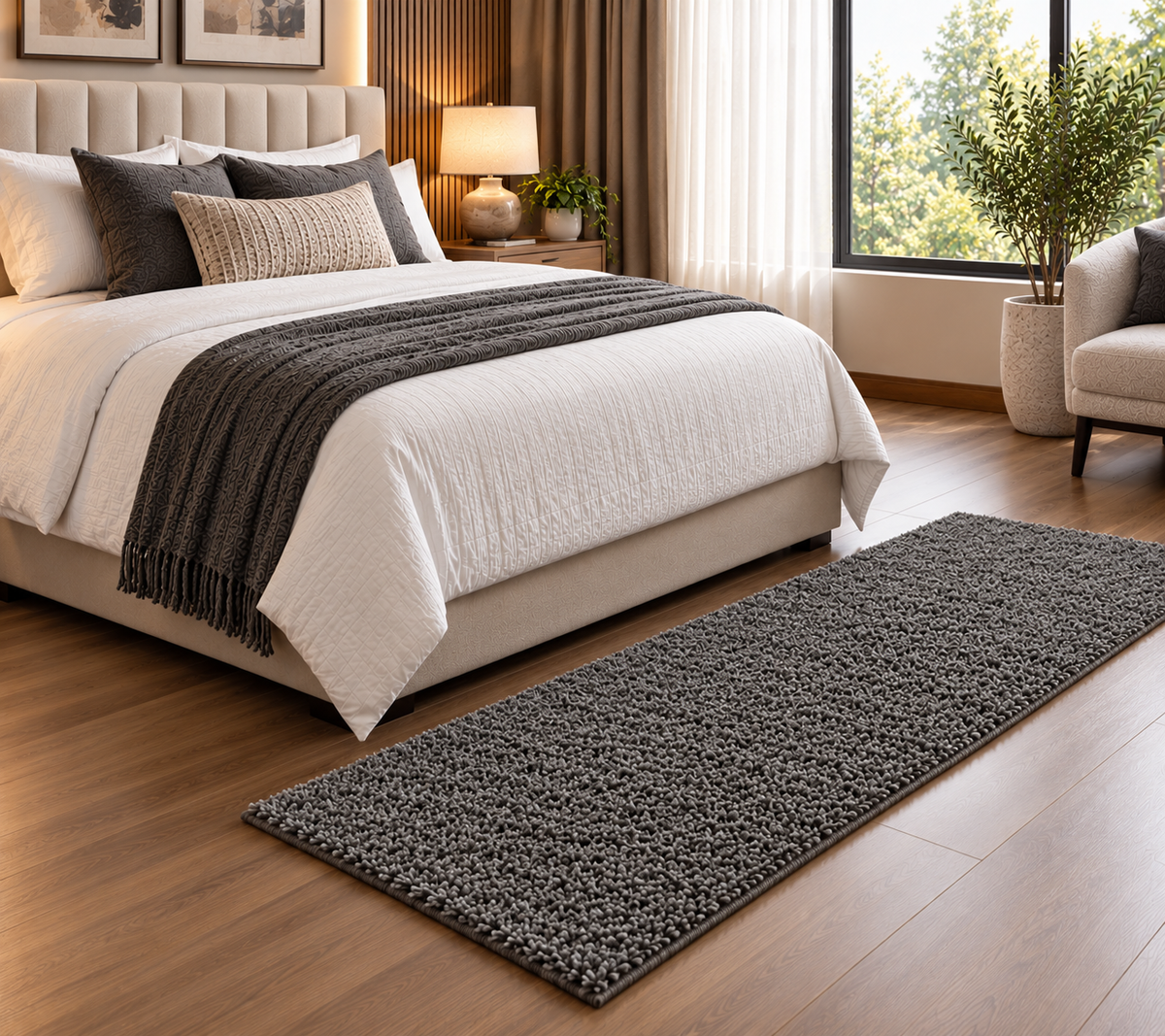 Luxury Grey Shaggy Bedside Runner Rug with Anti-Skid Backing -12mm Low Pile