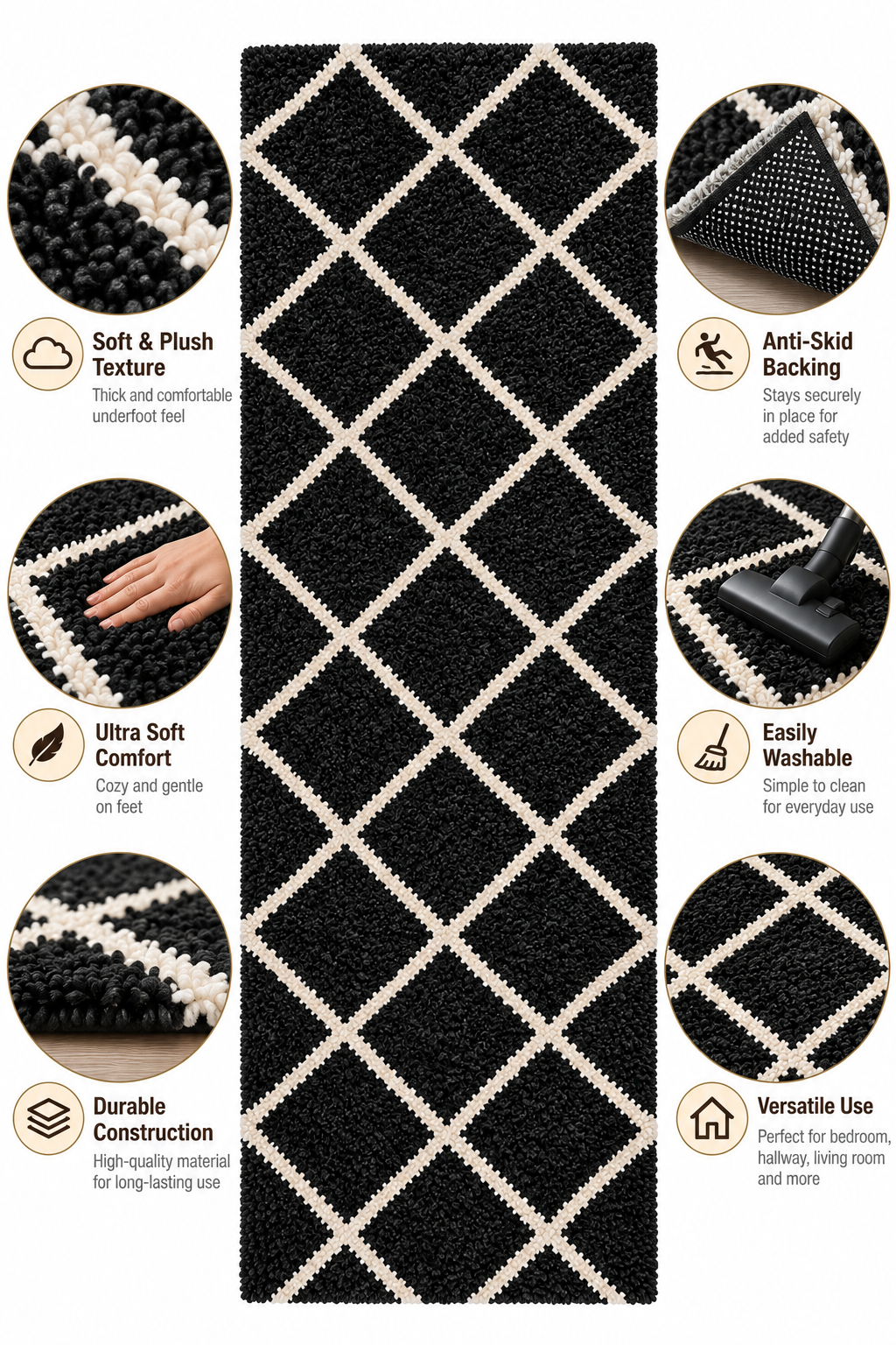 Black with Ivory Beautiful Premium Micro Runner - Soft Feel, Anti-Skid Backing