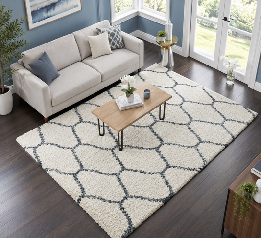 Elegant Cream & Grey Moroccan Lattice Rug – Soft Touch with Anti-Slip Rubber Backing