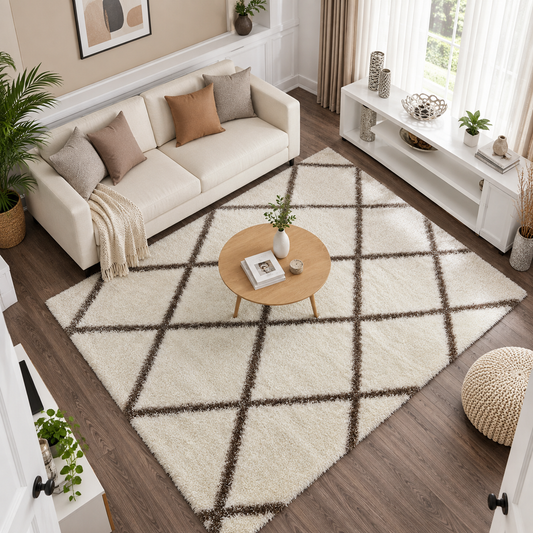 Creamy White Geometric Grid Shaggy Rug with Soft Texture & Anti-Skid Backing