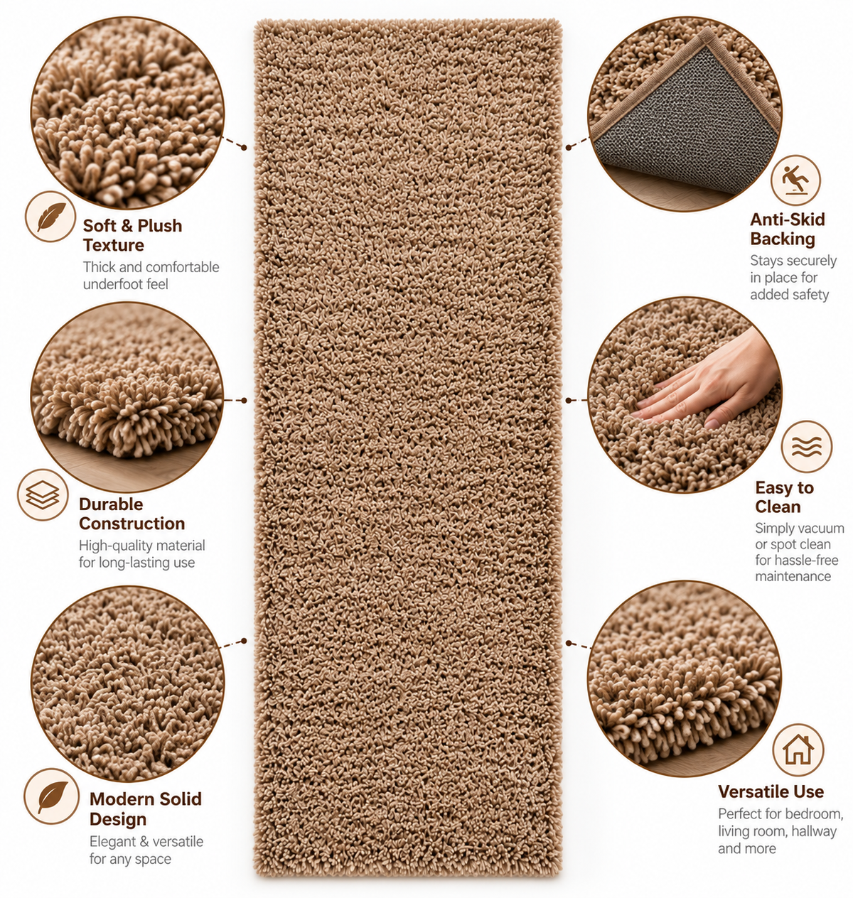 Brown 2 inch long pile Plain Beautiful Premium Microfiber Bedside Runner -  Soft Feel, Anti-Skid  Backing