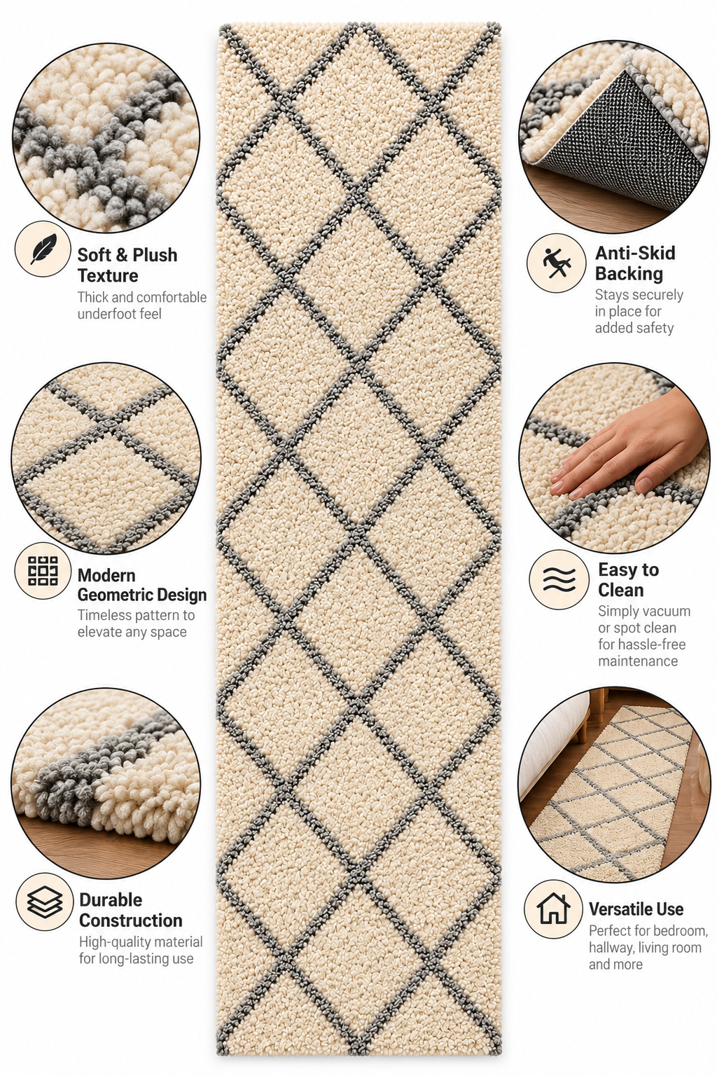 Ivory with Grey Beautiful Premium Micro Runner - Soft Feel, Anti-Skid Backing
