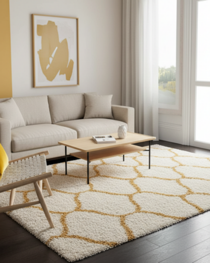 Premium Mustard-Ivory Moroccan Style Shaggy Rug – Plush Soft Touch, Non-Slip Rubber Base