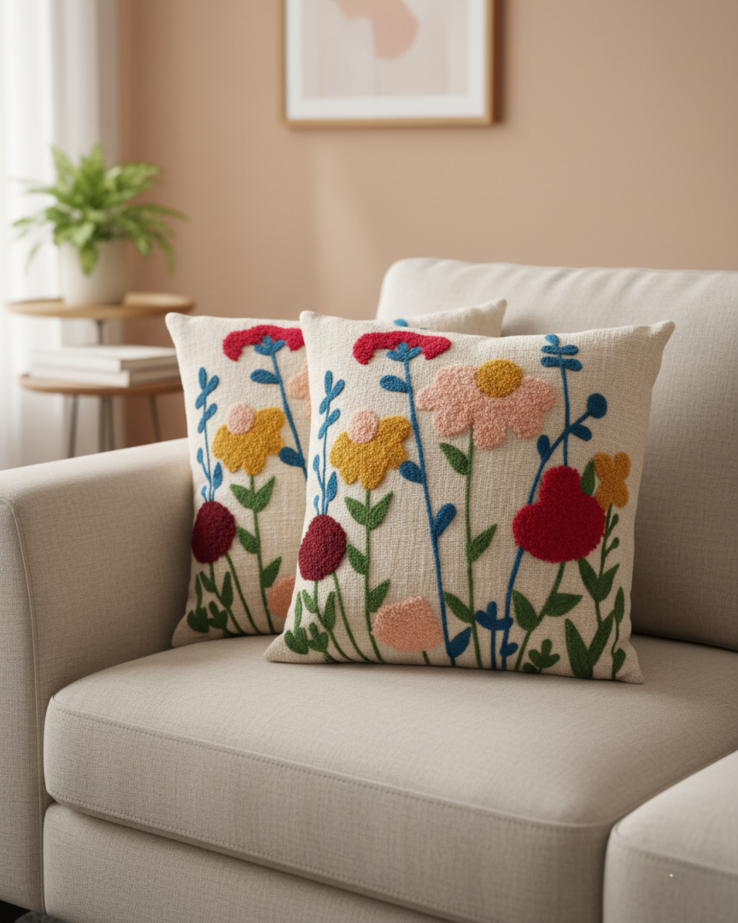 Elegant Designer Cushion Covers – Soft & Durable 100% Cotton and Wool tuffted work with Beautiful Floral Embroidery for Living Room Sofa-011