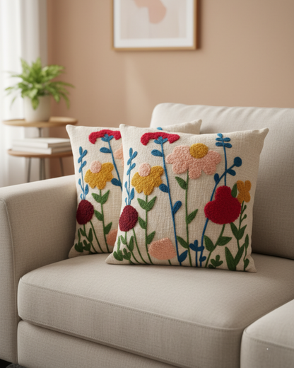 Elegant Designer Cushion Covers – Soft & Durable 100% Cotton and Wool tuffted work with Beautiful Floral Embroidery for Living Room Sofa-011