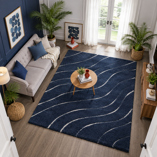 Navy Blue Waves Microfiber Carpet – Soft Feel with Anti-Skid Backing
