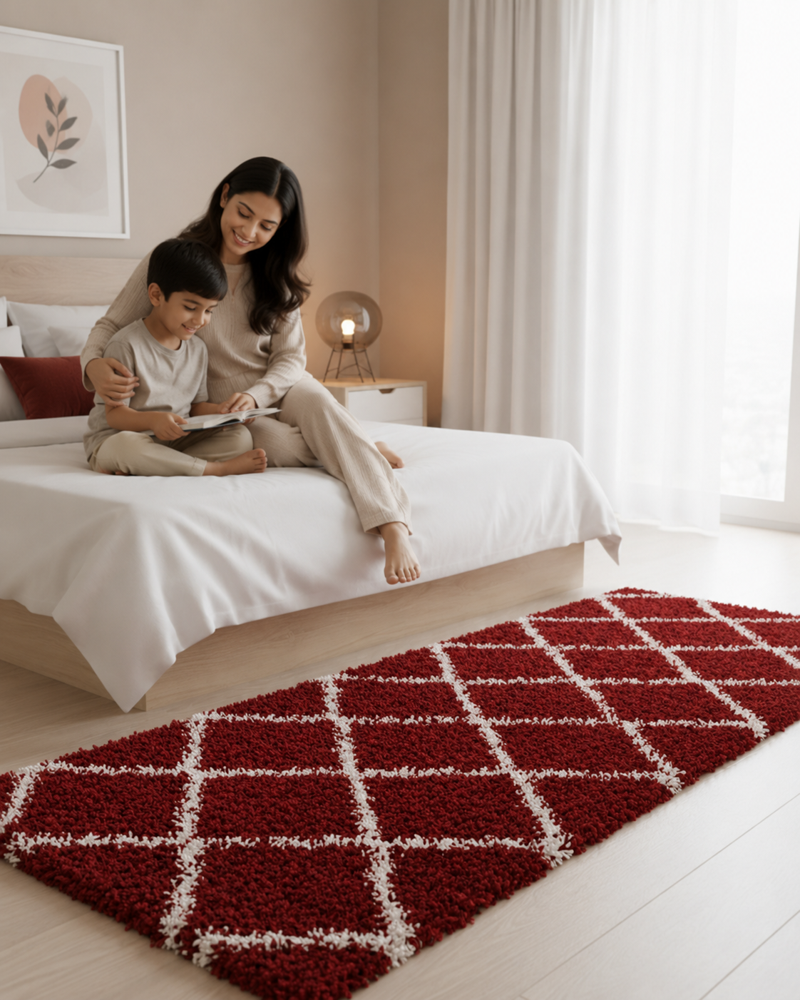 Maroon & Ivory  Microfiber Bedside Runner - Soft Feel, Anti-Skid Rubber Backing