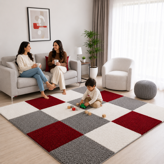 Grey with Ivory Diamond Pattern Shaggy Rug – Hand-Tufted Microfiber Carpet – Soft Feel & Anti-Skid Rubber Backing