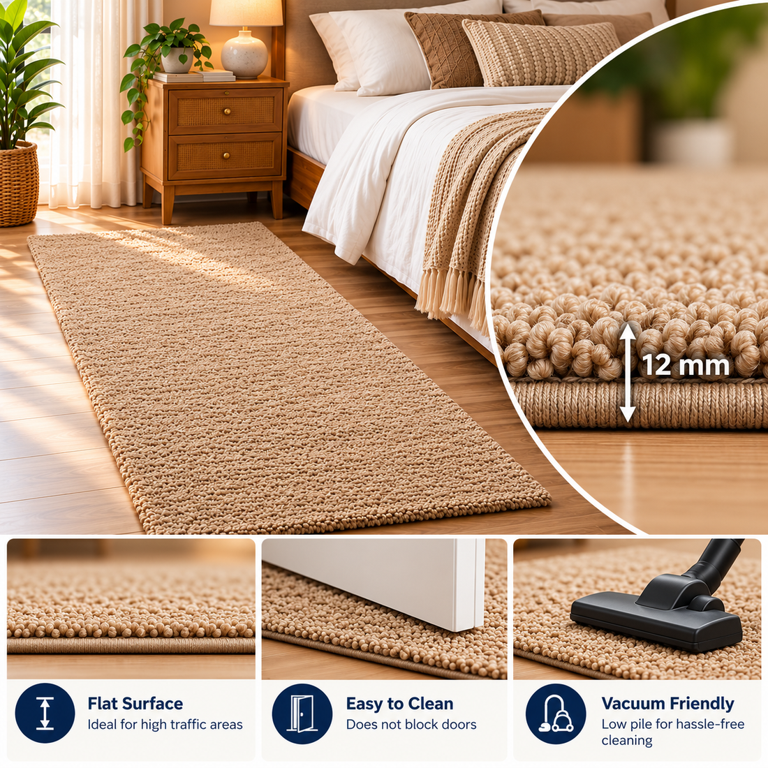 Natural Beige Bedside Carpet – 12mm Low Inch Pile Shaggy Textured with Anti-Skid Backing