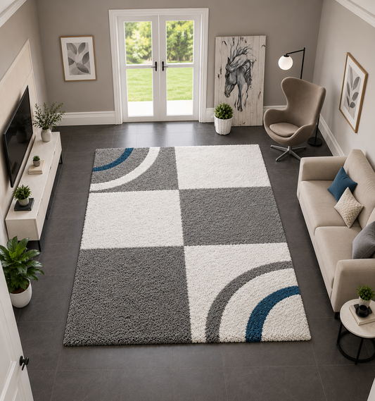 Modern Geometric Grey, White & Blue Shaggy Rug with Anti-Skid Backing