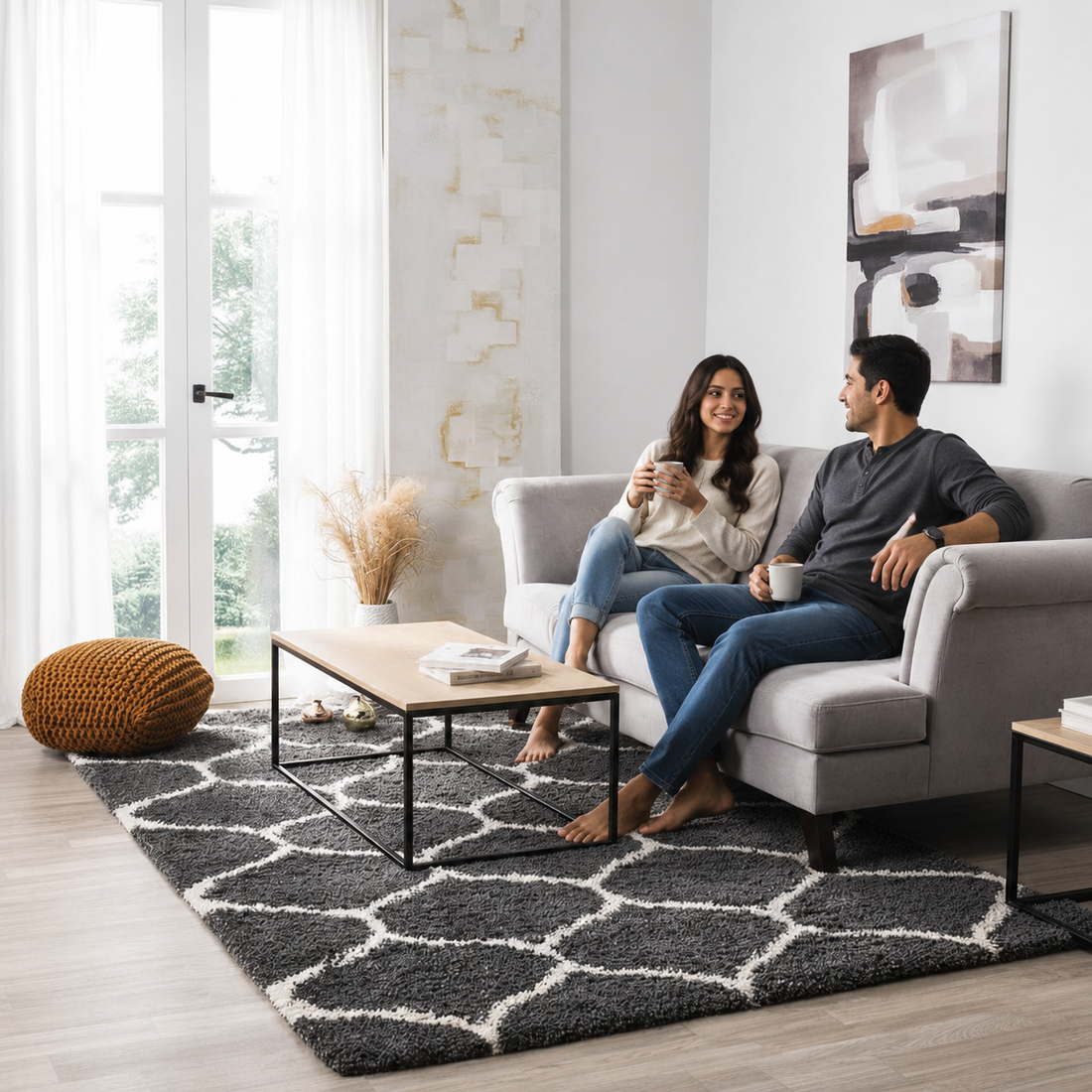 KashyapaRugs premium dark grey and ivory Moroccan pattern microfiber rug – deep charcoal and ivory Moroccan lattice motif with high-density plush cloud-like microfiber pile for modern living rooms and bedrooms, anti-skid backing