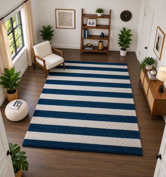 Navy Blue & Ivory Modern Microfiber Carpet – Soft Feel with Anti-Skid Backing