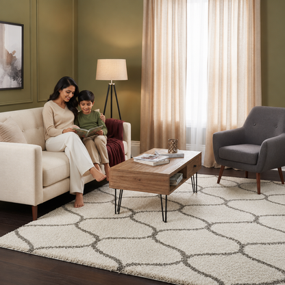 Premium Ivory & Grey Lining Moroccan Fluffy Rug – Super Soft Microfiber – Soft Touch & Anti-Skid Rubber Base