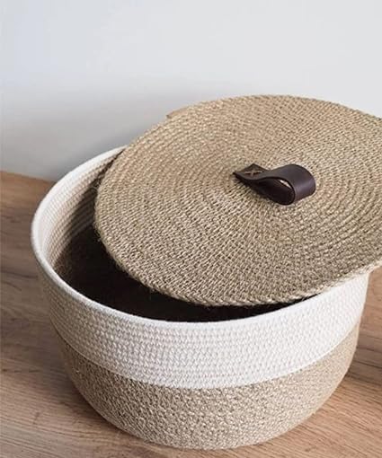 Kashyapa Rugs Collection - Jute Basket for Storage, Clothes, Kitchen, Planter (1 Piece with Lid, Beige-Cream) - Handmade Big Size Basket