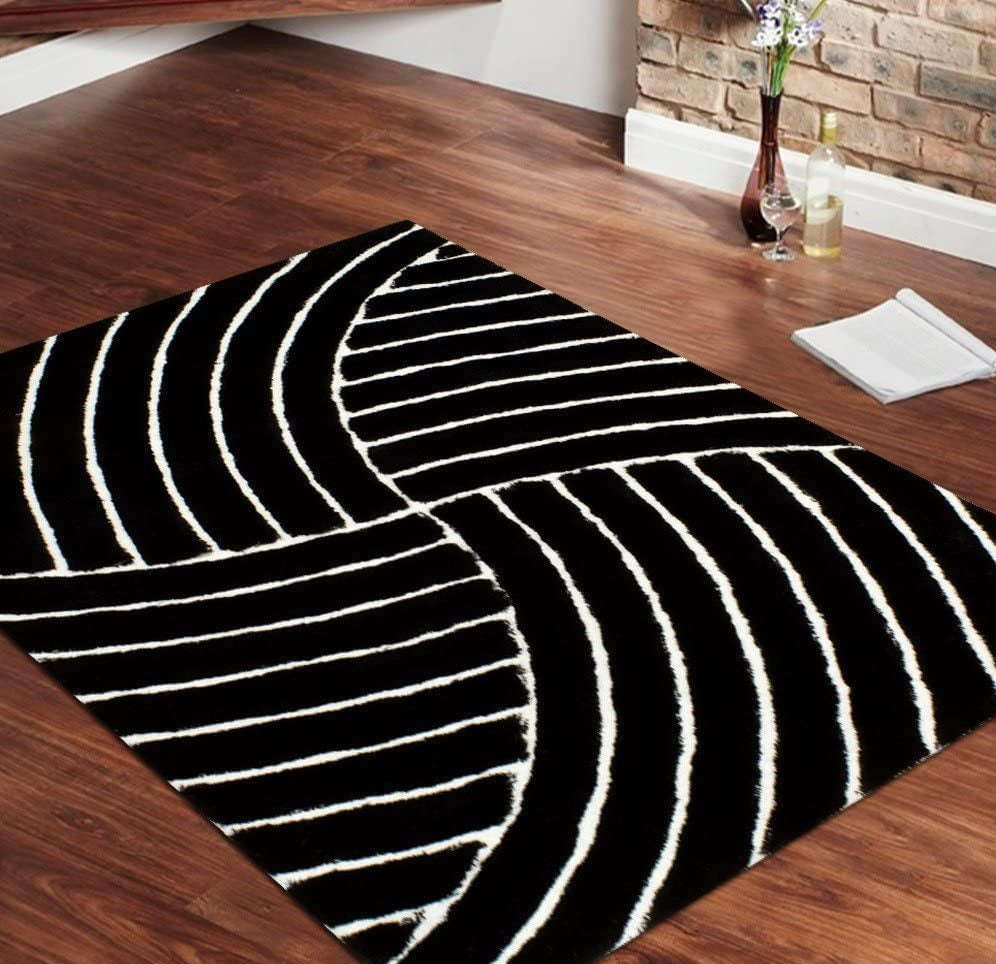 Kashyapa Rugs Collection - Black & White Geometric 3D Carved Design Super Soft Modern Hand Tufted Floor Rug