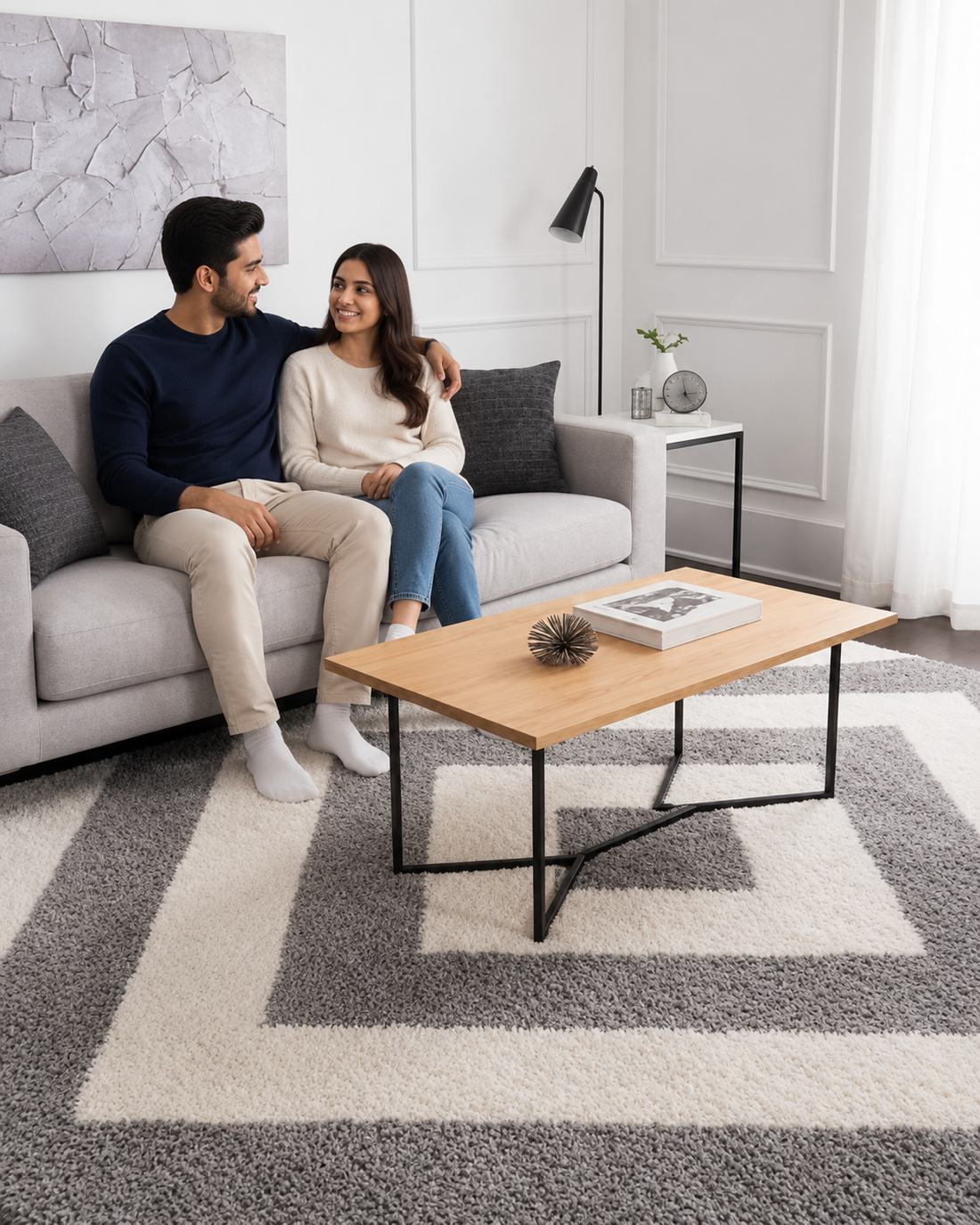 KashyapaRugs elegant cream and grey fluffy Moroccan diamond living room rug – plush soft-touch pile, timeless geometric diamond pattern, anti-slip rubber backing