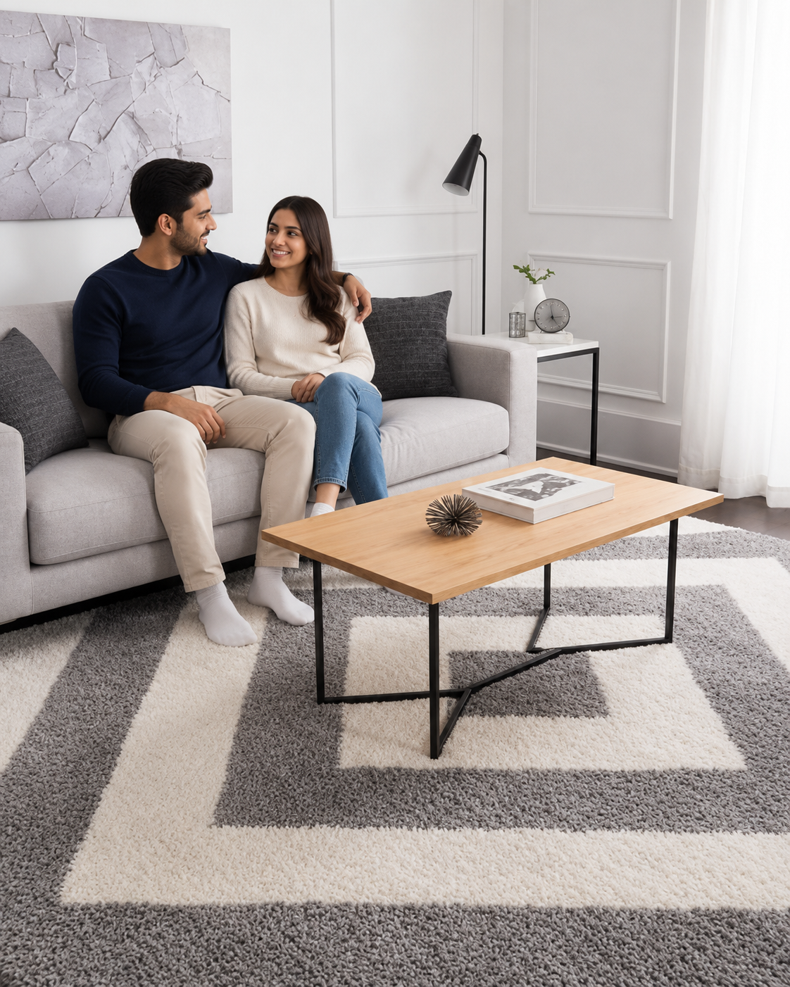 Elegant Cream and Grey Fluffy Moroccan Diamond Rug – Soft Touch with Anti-Slip Rubber Backing