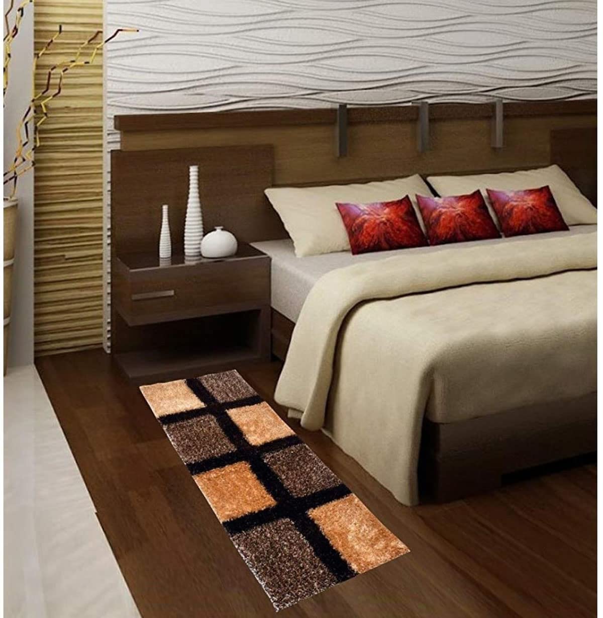 Kashyapa Rugs Collection - Coffee With Beige Shaggy Rug For Soft touch Microfiber Hand tufted Carpet Bedside Runner.