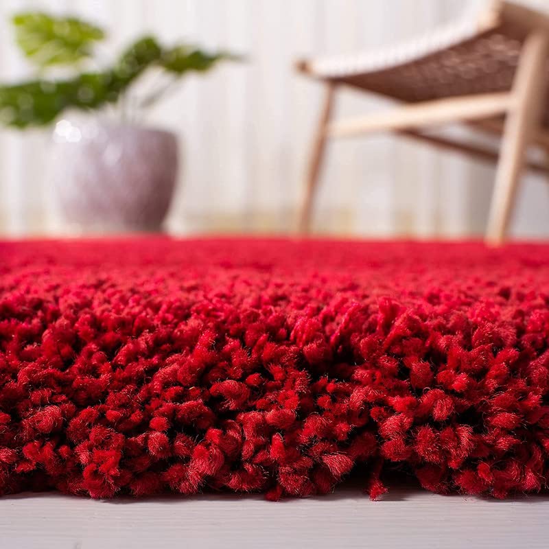 Plain Red Fluffy Rug For Living Room 2-Inch Pile Microfiber Silk Touch with Anti-Skid Backing