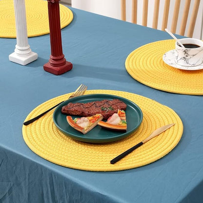 Kashyapa Rugs Collection-Washable Poly Cotton-Dining Table Placemats Set of 4 pc with Tea Coaster (Yellow)