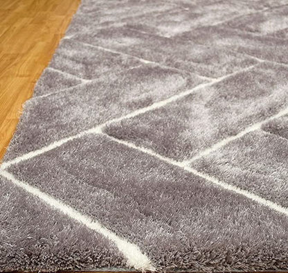 Grey & White Hand Tufted Modern Floor Shaggy Rug.