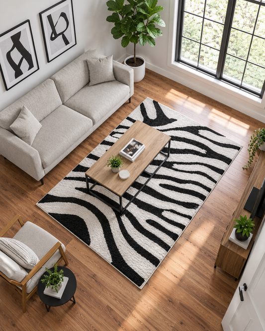 Black & White Zebra Print Microfiber Carpet – Soft Feel with Anti-Skid Backing