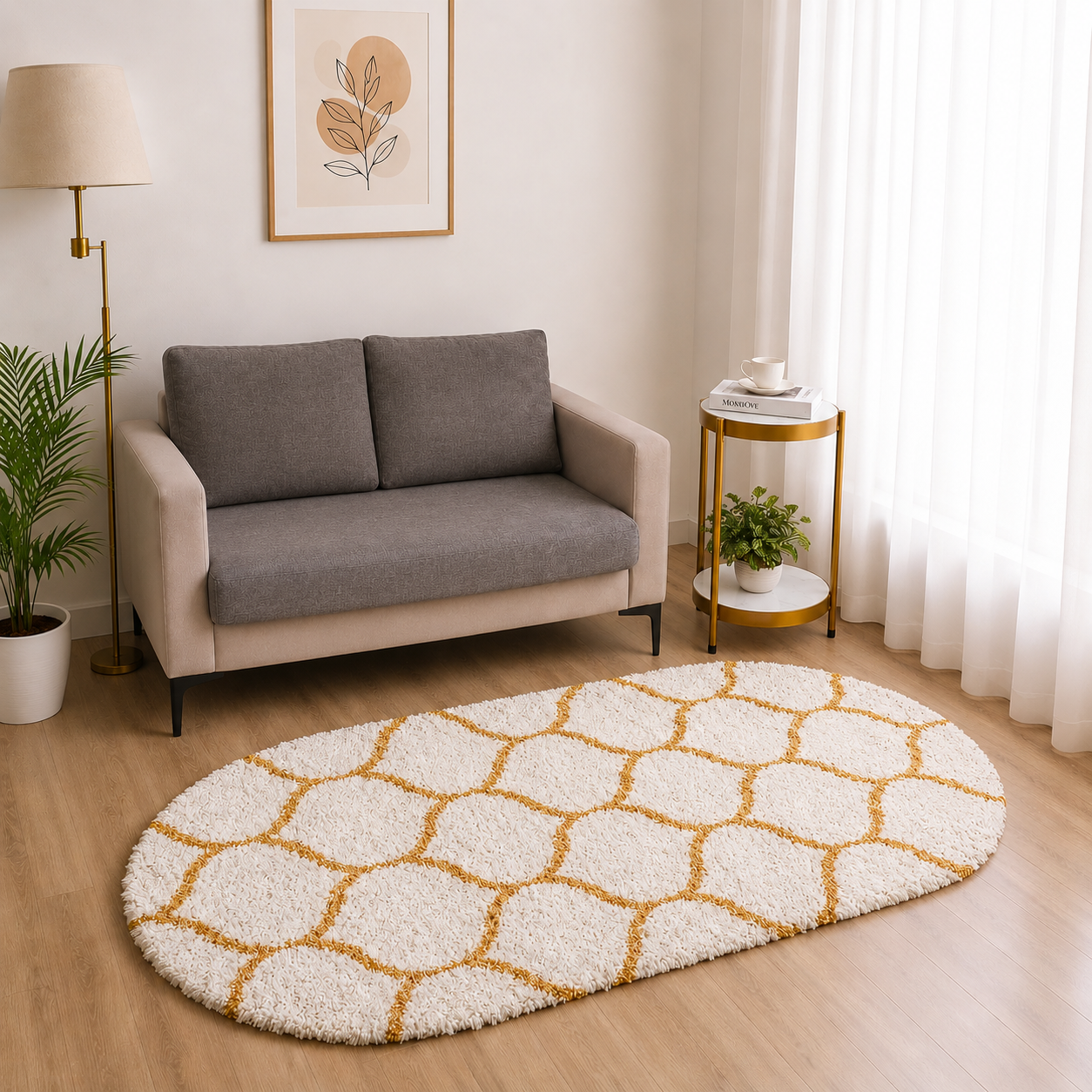 Premium Mustard-Ivory Moroccan Style Shaggy Rug – Plush Soft Touch, Non-Slip Rubber Base