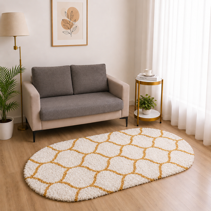 Premium Mustard-Ivory Moroccan Style Shaggy Rug – Plush Soft Touch, Non-Slip Rubber Base