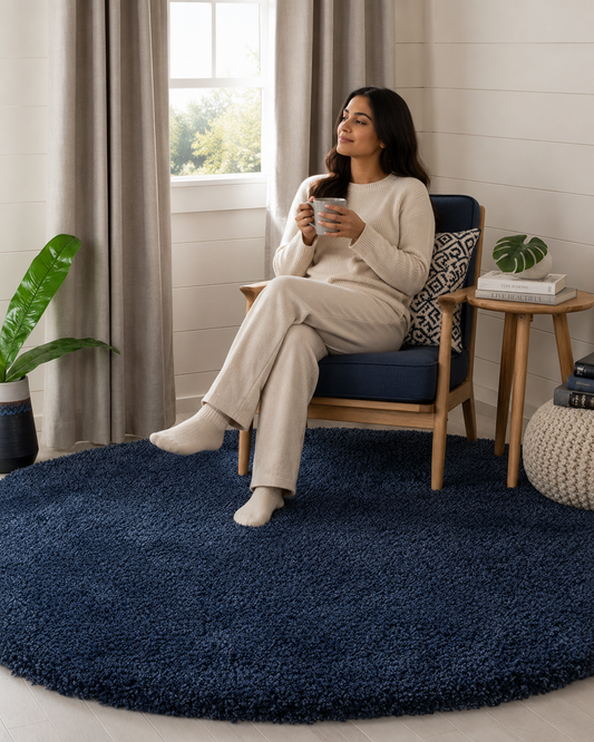 Navy Blue 2inch Long Pile Extra Fluffy Premium Round Shaggy Rug – Soft Feel with Anti-Skid Rubber Backing