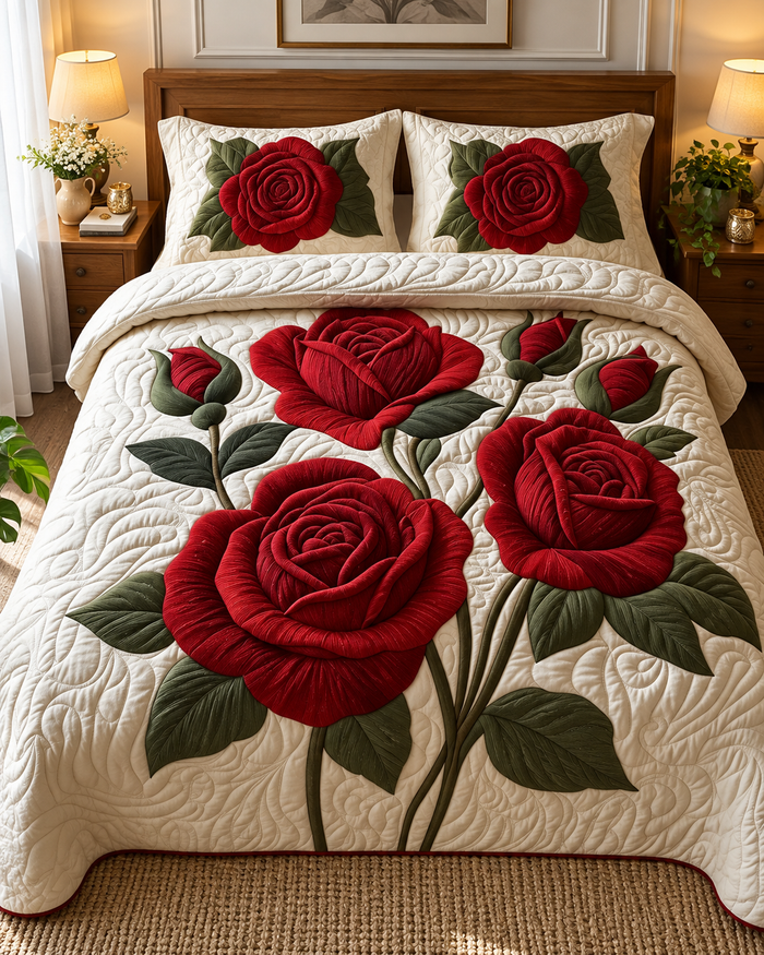 Premium 7D Rose Floral Faux Quilted King Size Bedsheet Set