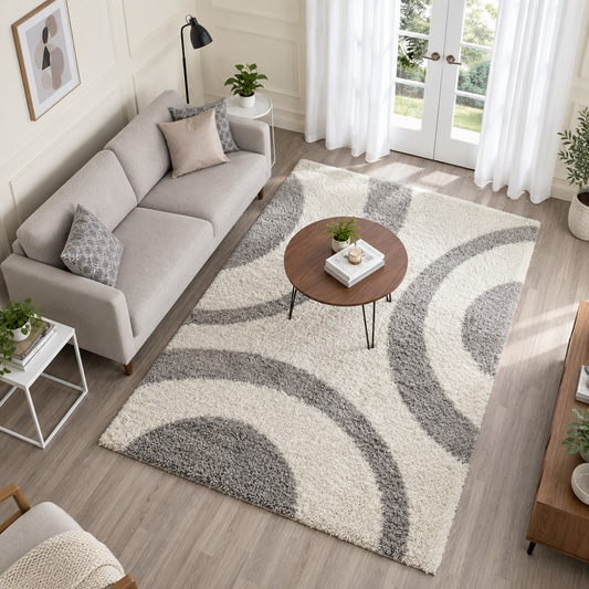 Ivory & Grey Shaggy Hand-Tufted Microfiber Carpet – Soft Touch with Anti-Skid Backing