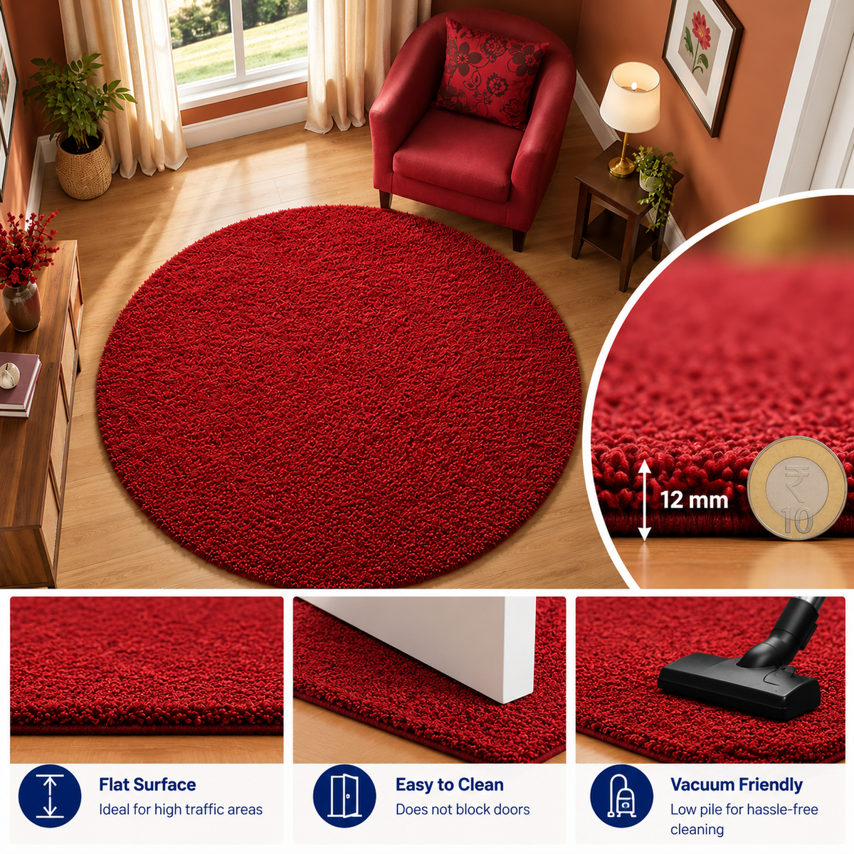 Premium Solid Red Round Rug – 12 mm Low Pile, Soft Feel, Elegant Modern Design