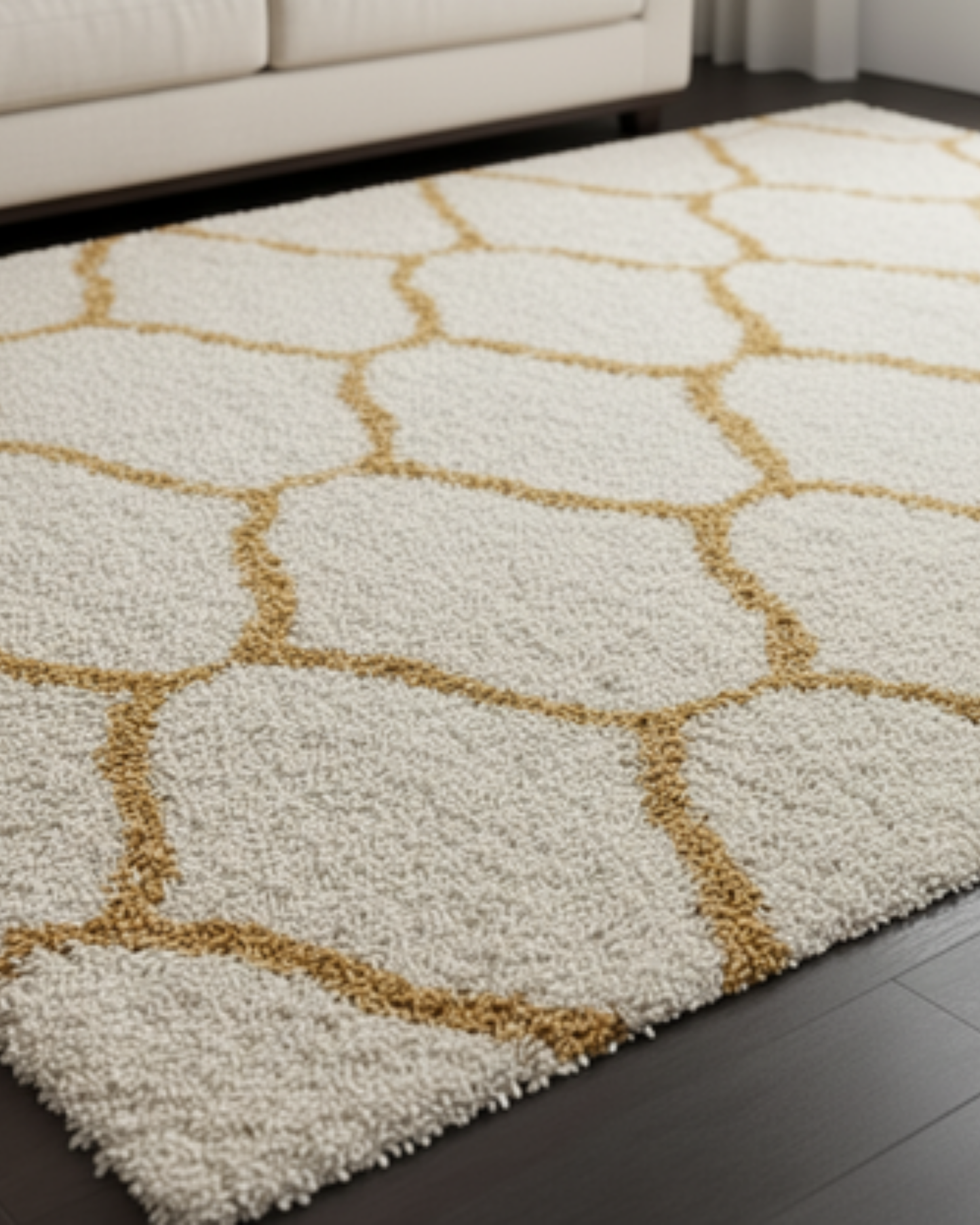 Premium Mustard-Ivory Moroccan Style Shaggy Rug – Plush Soft Touch, Non-Slip Rubber Base