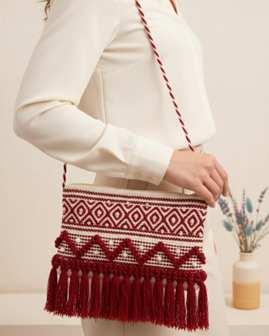 Handcrafted Boho Pearl Sling Bag – Red & Ivory