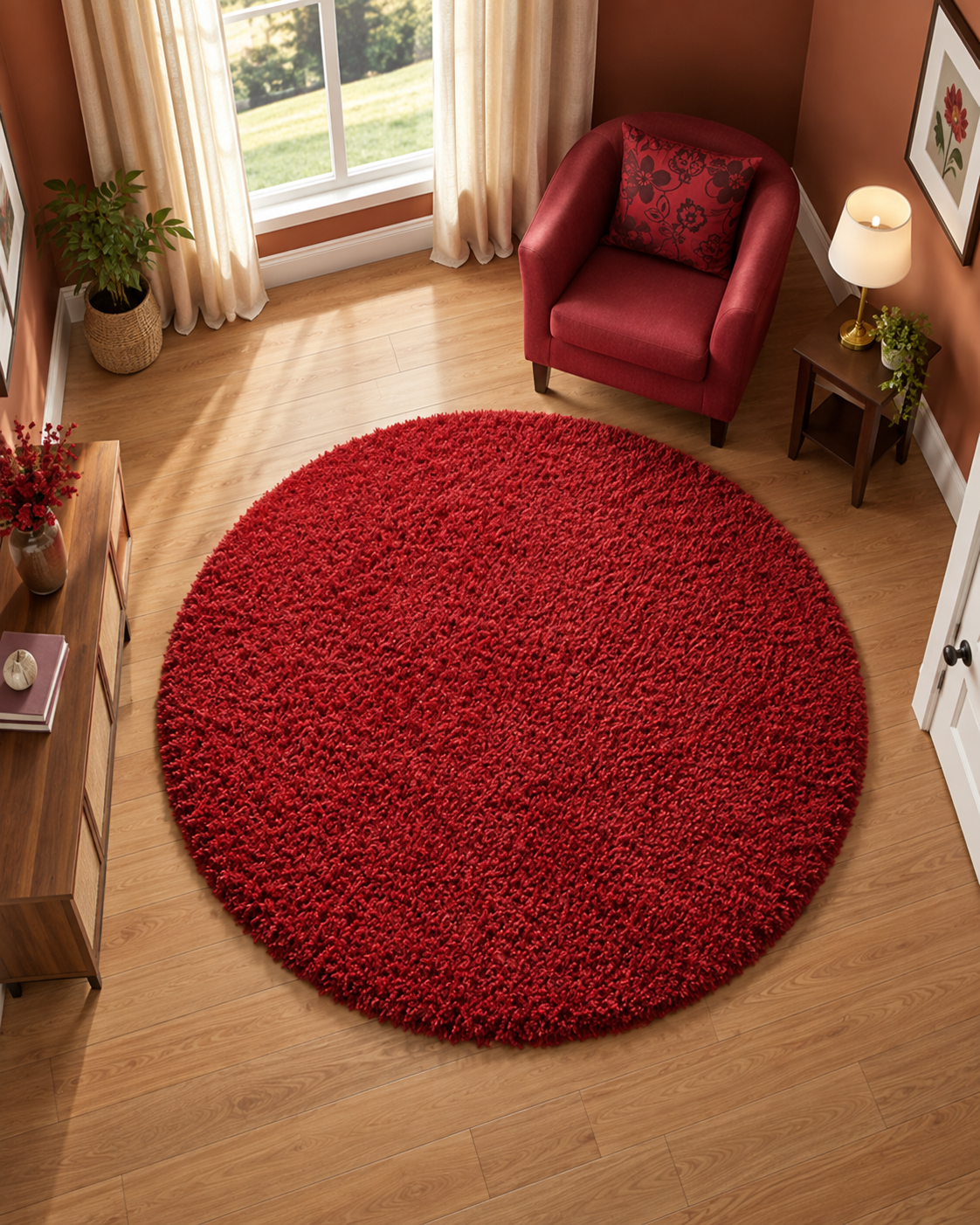 KashyapaRugs premium plain red round shaggy rug – bold rich red tone with 2-inch long pile, thick velvety plush texture for reading corners and living rooms, anti-skid backing
