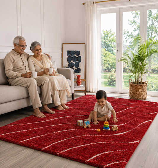 Red Waves Premium Microfiber Shaggy Carpet Rug – Soft Feel with Anti-Skid Rubber Backing