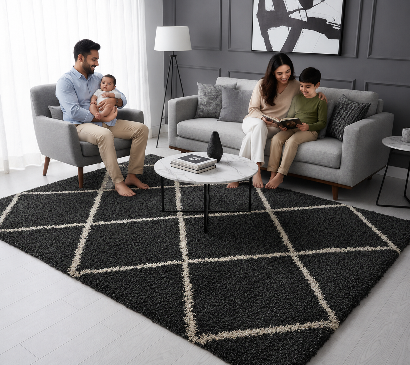 Black & White Premium Microfiber Carpet – Soft Feel with Anti-Skid Rubber Backing
