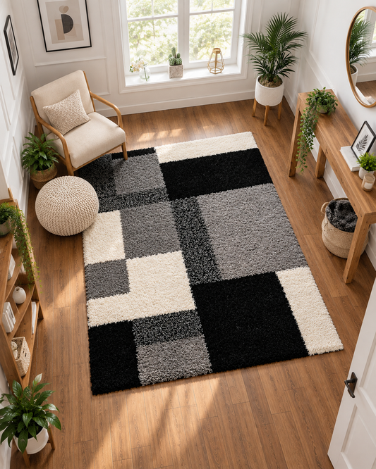 Modern Black, Grey & Ivory Geometric Shaggy Living Room Carpet with Anti-Skid Backing