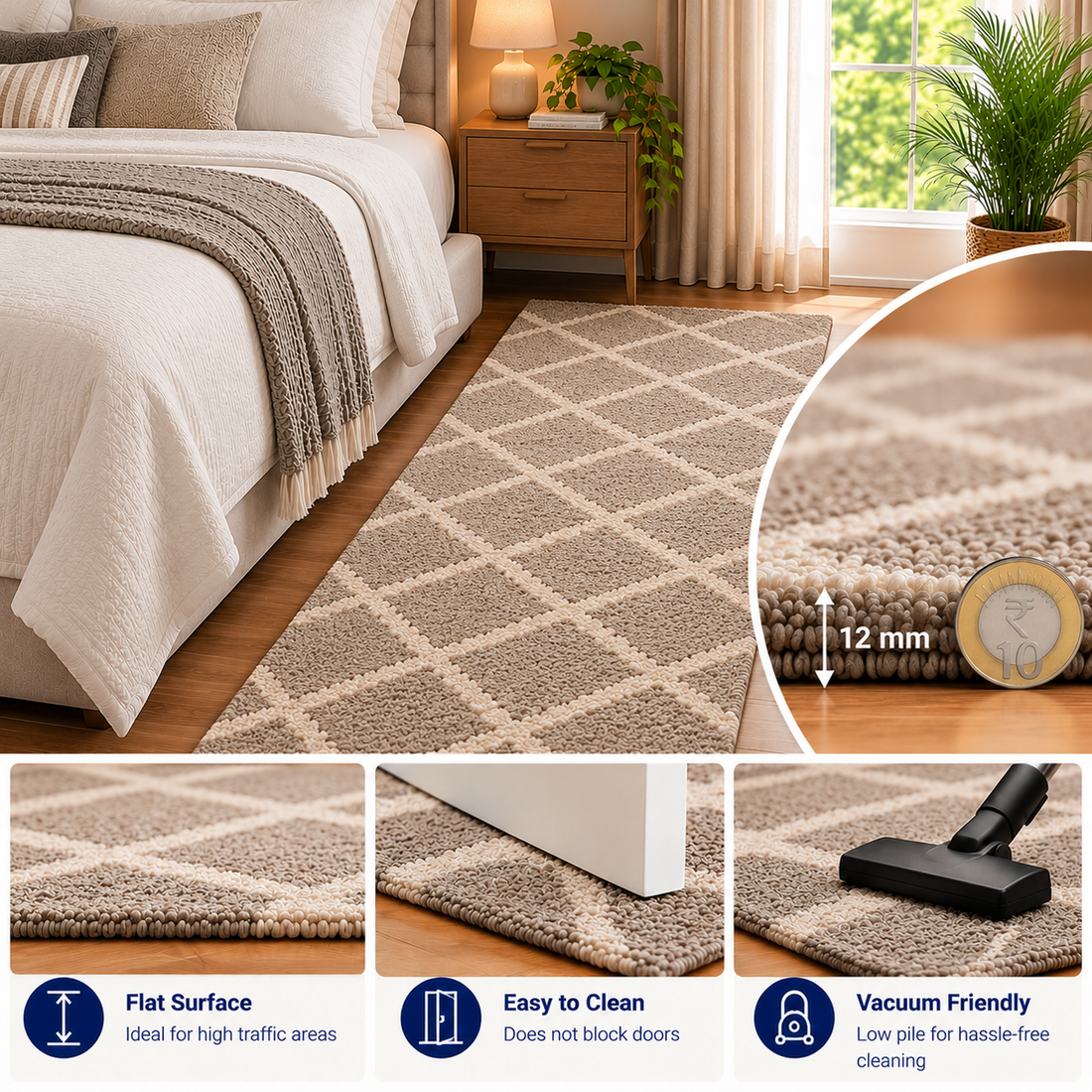 Premium Beige with Ivory Geometric Diamond Pattern Rug – 12 mm Low Pile, Soft Feel
