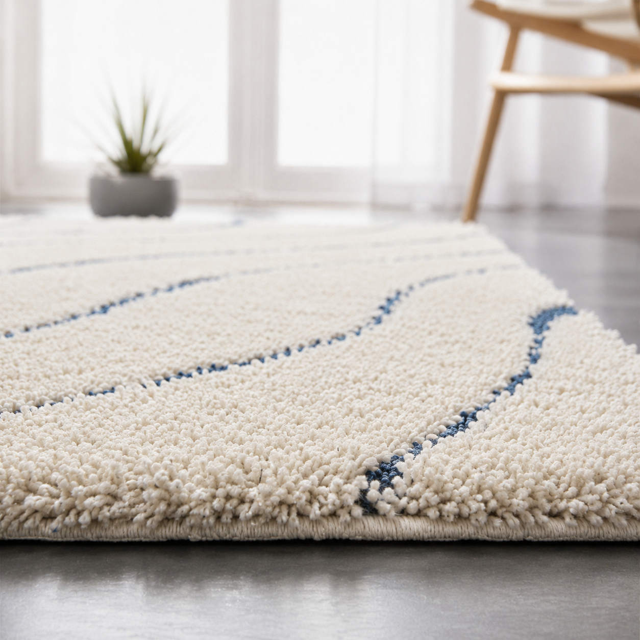 Ivory with Blue Beautiful Premium Microfiber Bedside Runner - Soft Feel, Anti-Skid Rubber Backing