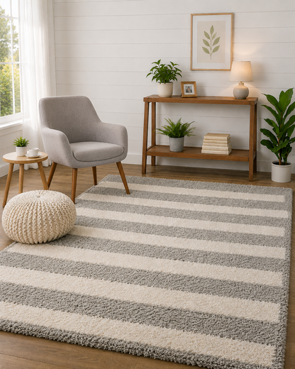Ivory With Grey Shaggy Rug For Soft touch Microfiber Hand tufted Carpet