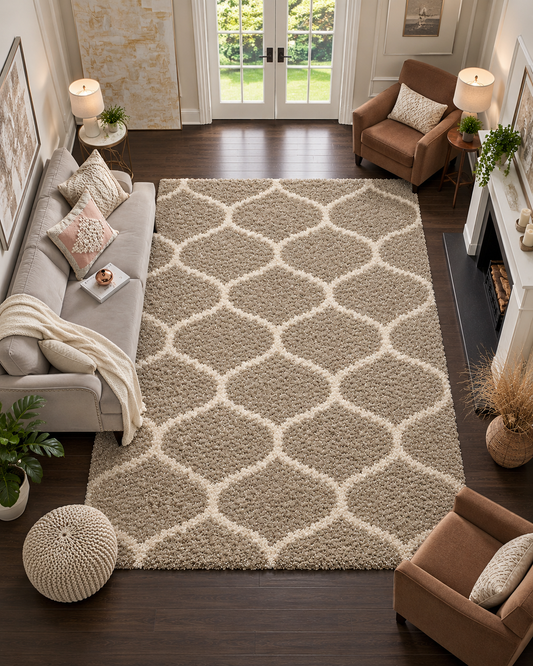 Beige & Ivory Moroccan Living Room Rug – Premium Shaggy Feel with Anti-Skid  Backing