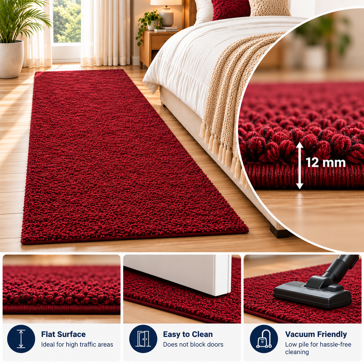 Soft Burgundy Bedside Runner – 12mm Low Pile Textured Shaggy Carpet With Anti - Skid Backing