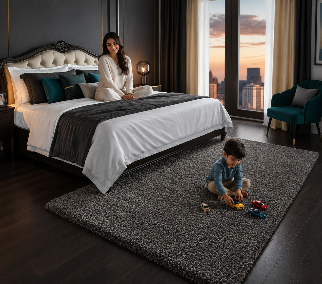 KashyapaRugs mid grey extra fluffy premium micro runner – soft high-density microfiber pile, anti-skid backing