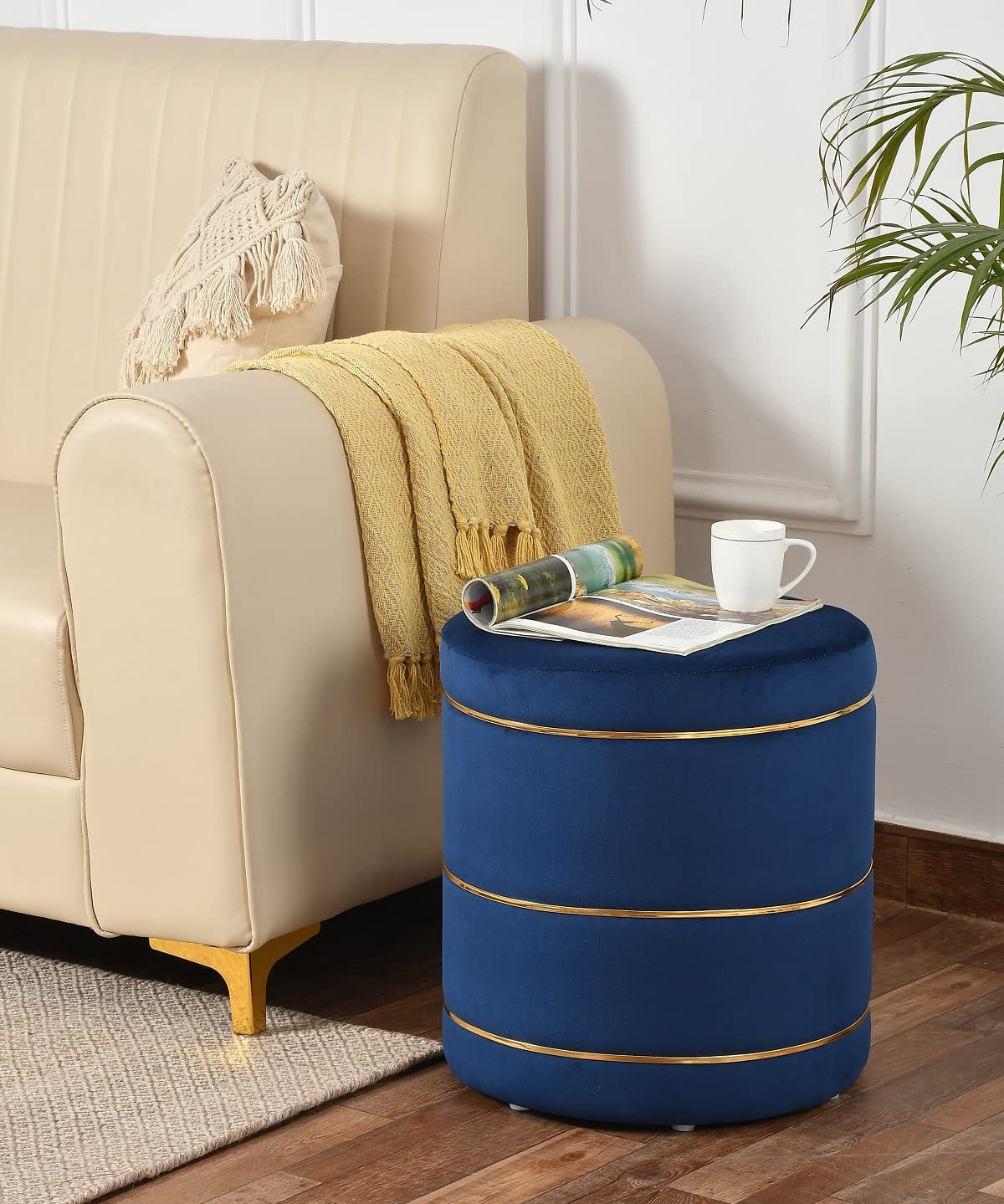 Kashyapa Rugs Collection - Presents Pouffes Stool for Living Room Sitting Furniture Wooden (Fabric Holland) Puffy Stool Footrest Footstool Pouf for Home Decor, Dressing Table Stool Colour Blue