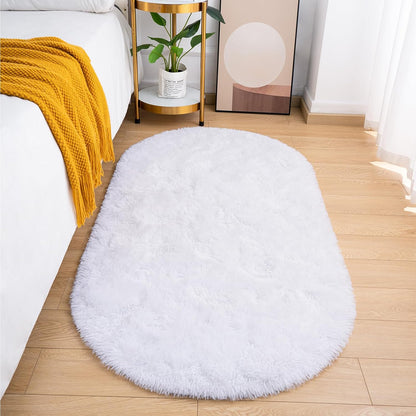 White Oval 2 Inch long Pile Premium Extra Fiber Bedside Runner - Extra Soft Feel, Anti-Skid Rubber Backing